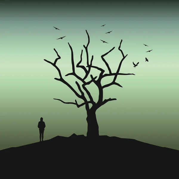 Ensam flicka i mörkret av naket träd läskigt landskap — Stock vektor