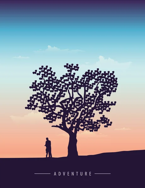 Пара закоханих стоїть під великим деревом на заході сонця — стоковий вектор