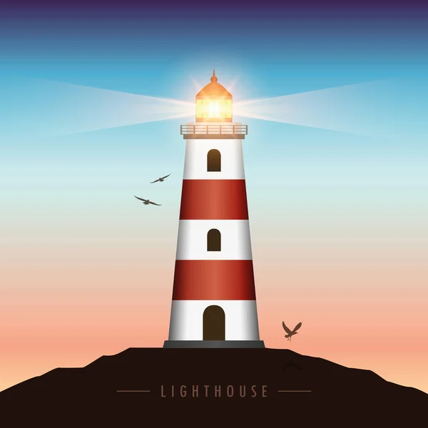 shining lighthouse at sunset with flying birds