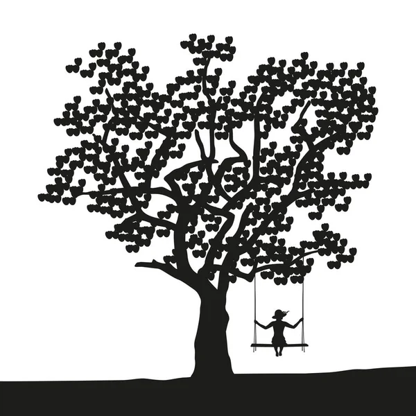 Девушка на качелях под большим деревом на закате — стоковый вектор