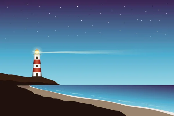 Faro cerca de la playa en la noche con cielo estrellado — Vector de stock