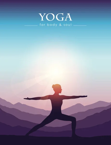 Chica hace yoga en el paisaje de montaña en hermosa puesta de sol — Vector de stock
