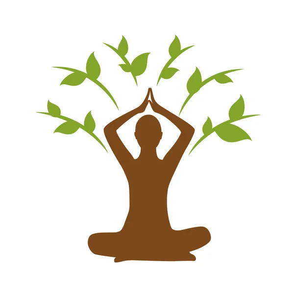 Persona de yoga sentada en un árbol verde de pose de loto — Vector de stock