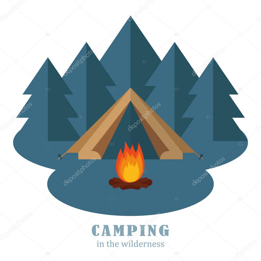 camping adventure tent in the forest with campfire