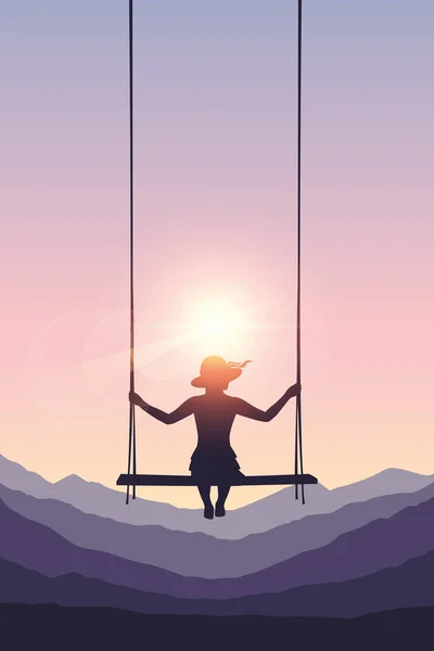 Jolie fille sur une balançoire sur fond de montagne en été — Image vectorielle