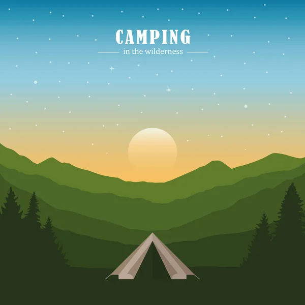 Dağ manzarasındaki ormandaki vahşi çadır içinde kamp macerası. — Stok Vektör
