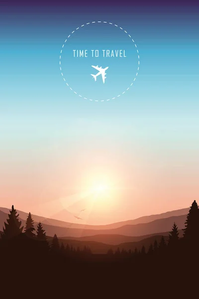 Tiempo para viajar hermosa puesta de sol en el paisaje de montaña — Vector de stock