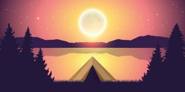 dolunay mor doğa manzara ile gece göl kenarında kamp