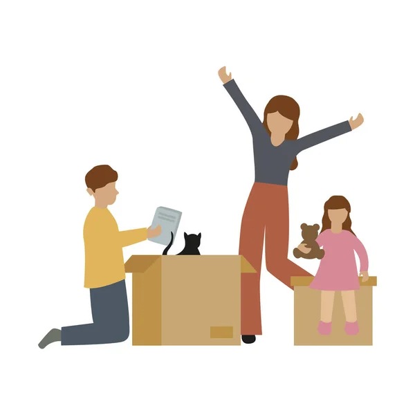 Familia empaca cajas cuando se mueve — Vector de stock