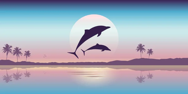 Dos delfines saltan del agua al amanecer — Archivo Imágenes Vectoriales
