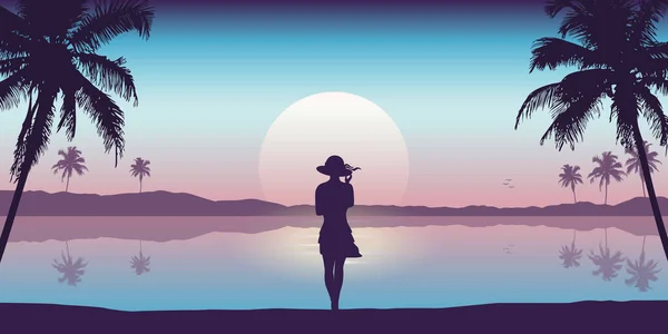 Νεαρό κορίτσι με καπέλο στις καλοκαιρινές διακοπές τροπική παλάμη και το τοπίο της θάλασσας — Διανυσματικό Αρχείο