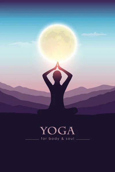 Yoga para cuerpo y alma meditando silueta de persona por luna llena — Vector de stock