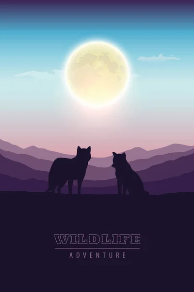 Wildlife adventure wolf pack in the wilderness at full moon — Stock Vector