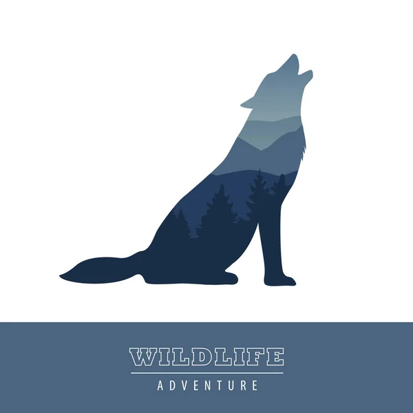 Fauna selvatica lupo foresta blu paesaggio silhouette — Vettoriale Stock