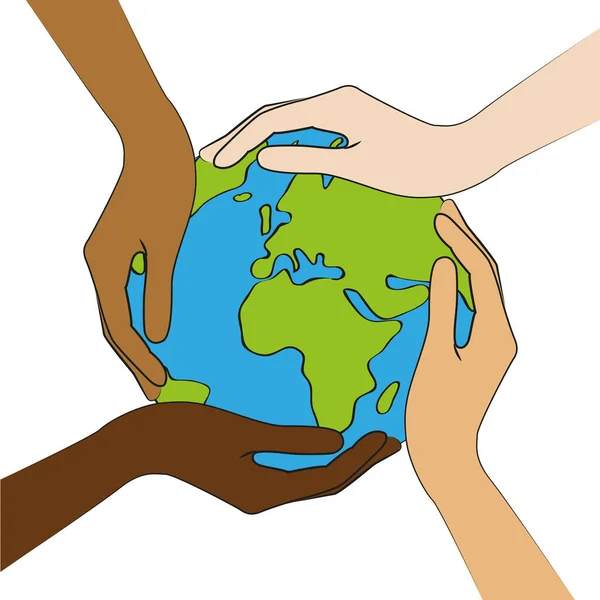 Planeta Ziemia w środku ludzkich rąk o różnych kolorach skóry — Wektor stockowy
