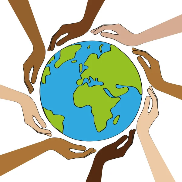 Planet earth in the middle of human hands with different skin colors — Stock Vector