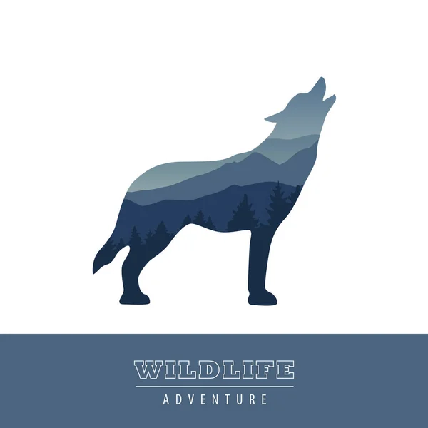 野生生物オオカミ青の森の風景シルエット — ストックベクタ