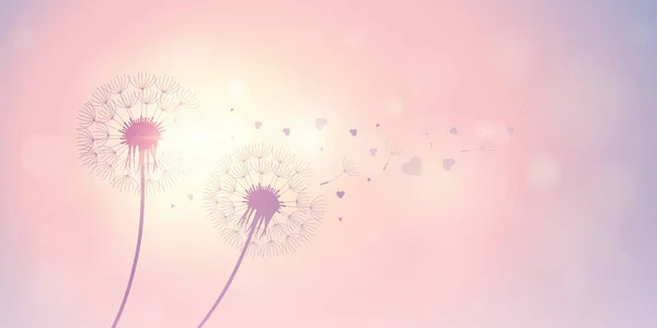 Dandelion silhouette with flying seeds and hearts for valentines day — Stock Vector