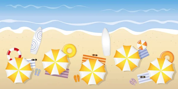 Plaża turystyczna z parasolami przeciwsłonecznymi i deskami surfingowymi — Wektor stockowy