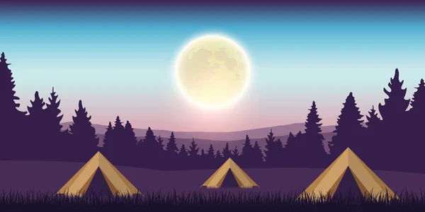 Acampar à noite em tendas de lua cheia no prado com vista para a montanha —  Vetores de Stock