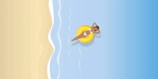 Молода жінка в плавальному кільці на воді на пляжі — стоковий вектор