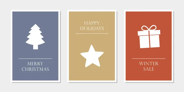 Σύνολο χριστουγεννιάτικες ευχετήριες κάρτες με αστέρι δέντρο και δώρο — Διανυσματικό Αρχείο