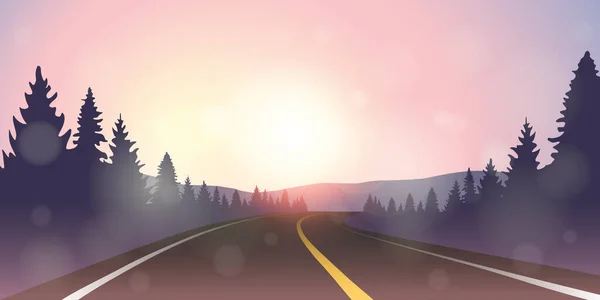 山のアスファルト道路紫色の冬の風景 — ストックベクタ