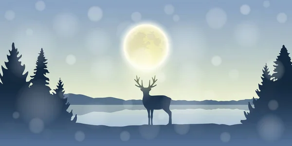 Lonely reindeer in snowy winter forest at full moon by the lake — Stock Vector