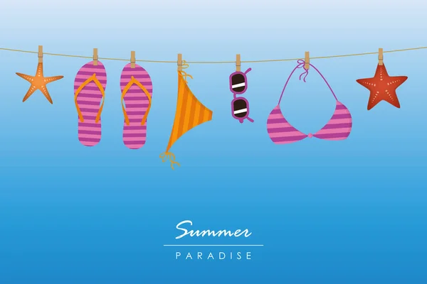 Sommerurlaub gestreifte Flip Flops Bikini und Sonnenbrille hängen am Seil — Stockvektor
