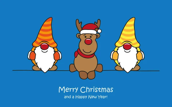 Merry christmas greeting card with cute funny dwarf and deer — Stock Vector