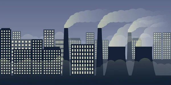 Stadsgezicht 's nachts met vervuiling door industrie en smog — Stockvector