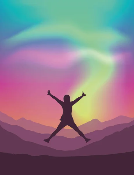 Ensam flicka på bergsutsikt med vackra polära ljus i färgglad himmel — Stock vektor