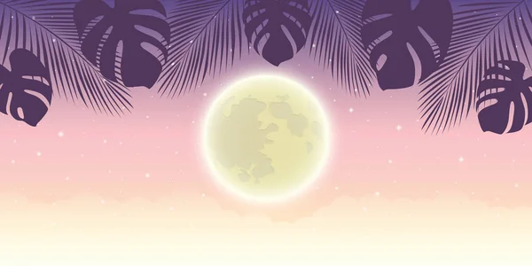 満月とヤシの木の葉を持つロマンチックな夜の背景 — ストックベクタ