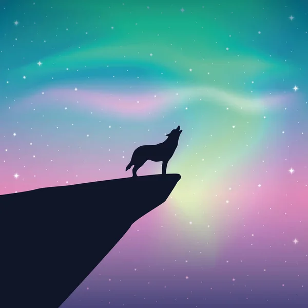 Wyjący wilk patrzy w kolorowe gwiaździste niebo z zorzą polarną — Wektor stockowy