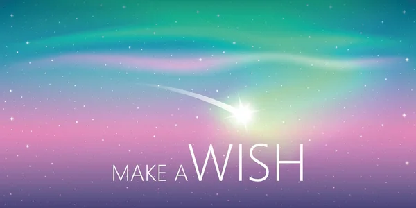 Faça um desejo com estrela caindo no céu estrelado colorido com aurora boreal —  Vetores de Stock