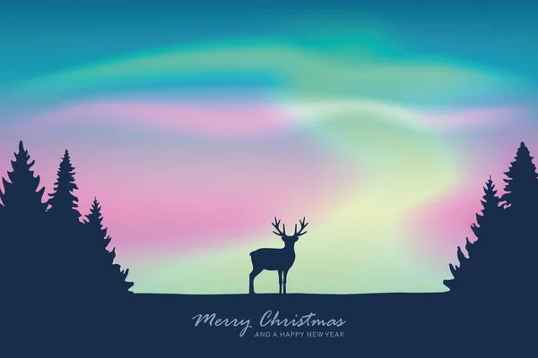 Vánoční přání s jelenem na aurora borealis nebe pozadí — Stockový vektor