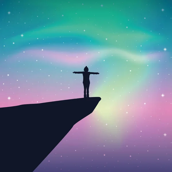 Ragazza su una scogliera guarda nel cielo stellato colorato con aurora boreale — Vettoriale Stock