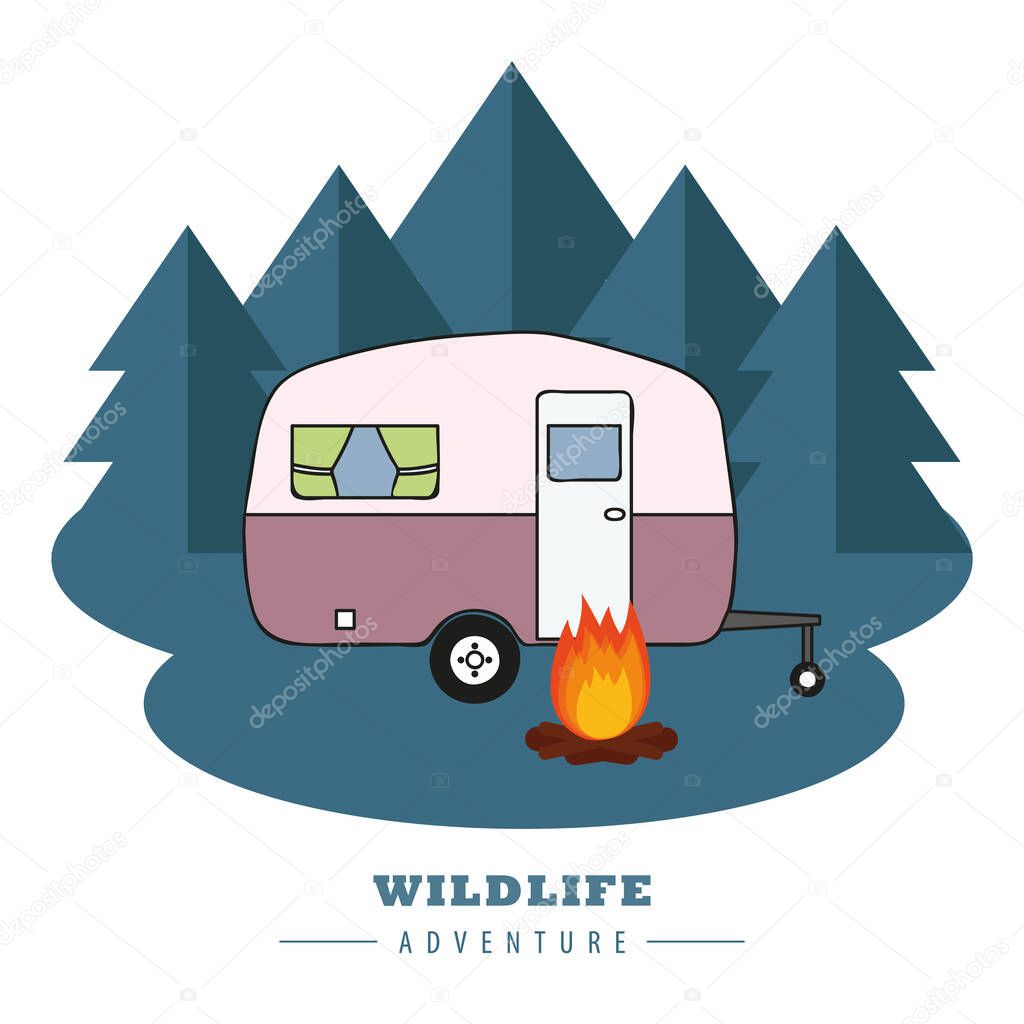 camping adventure camper in the forest with campfire