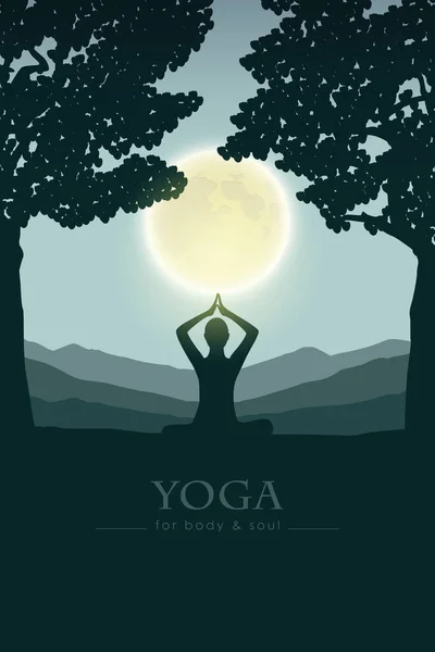 Yoga para cuerpo y alma meditando silueta de persona por luna llena — Vector de stock