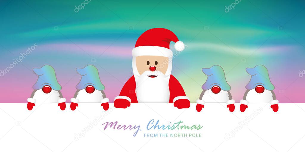 cute happy santa claus with his gnomes on north pole