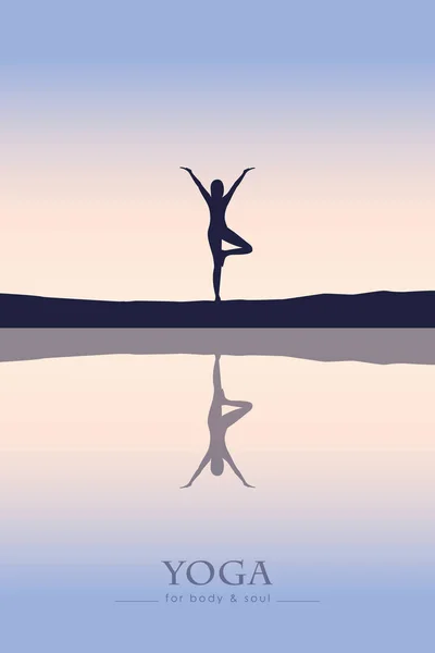 Dziewczyna robi jogę nad jeziorem o zachodzie słońca — Wektor stockowy