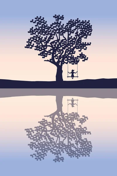 Девушка на качелях под большим деревом у озера — стоковый вектор