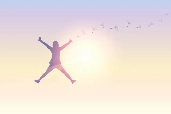 日当たりの良い空にタンポポの種を持つ少女をジャンプ — ストックベクタ
