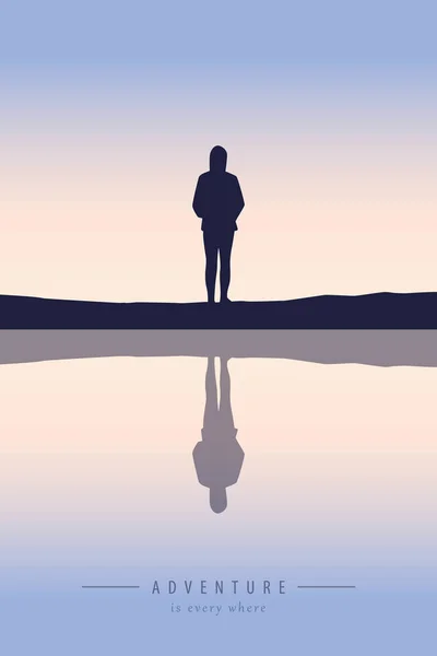 Gadis kesepian oleh danau saat matahari terbenam - Stok Vektor