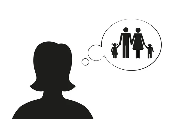 Mujer pensar en silueta de la familia — Vector de stock