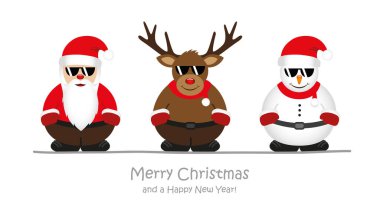 Sevimli ren geyiği Noel Baba ve güneş gözlüklü kardan adam çizgi filmi.
