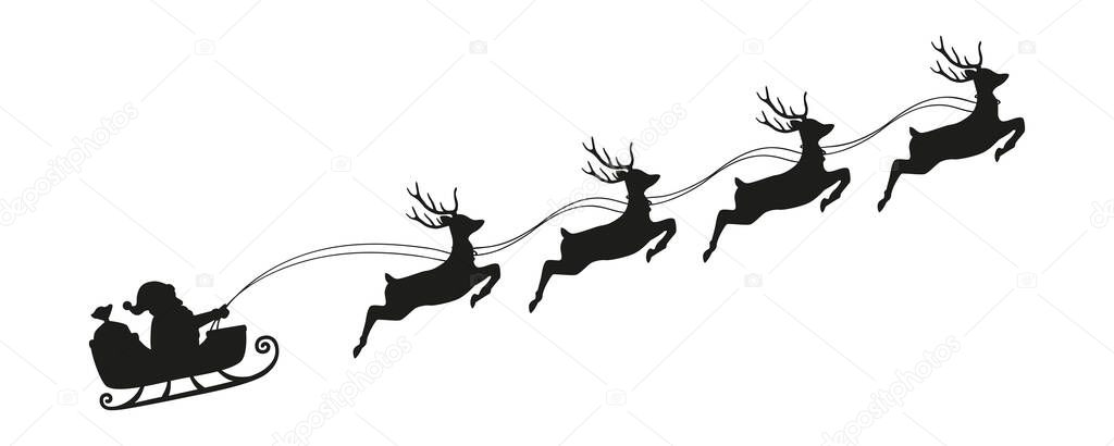 santa claus in a christmas sleigh with reindeer silhouette
