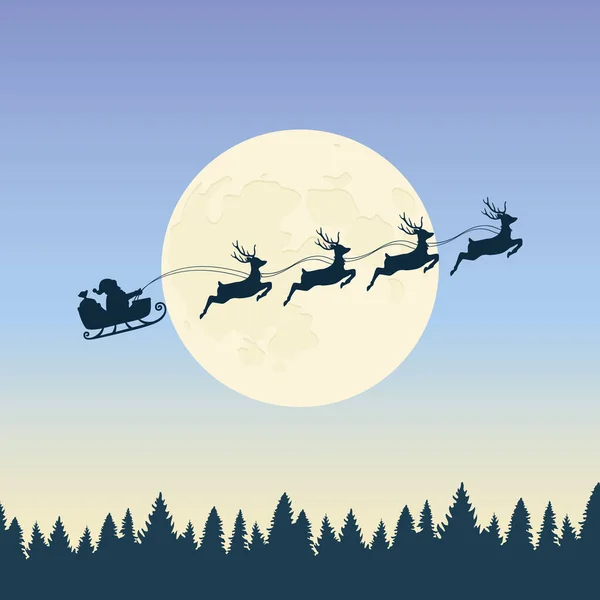 Banner de Natal Papai Noel em um trenó com renas pela lua cheia — Vetor de Stock