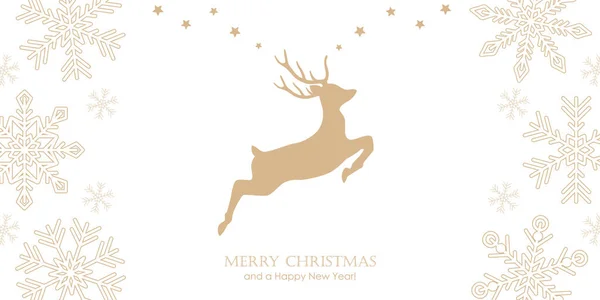 Φωτεινή χριστουγεννιάτικη ευχετήρια κάρτα με άλμα ελάφια και νιφάδες χιονιού σύνορα — Διανυσματικό Αρχείο