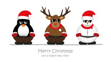 Noel 'de sevimli penguen geyiği ve güneş gözlüklü kardan adam çizgi filmi